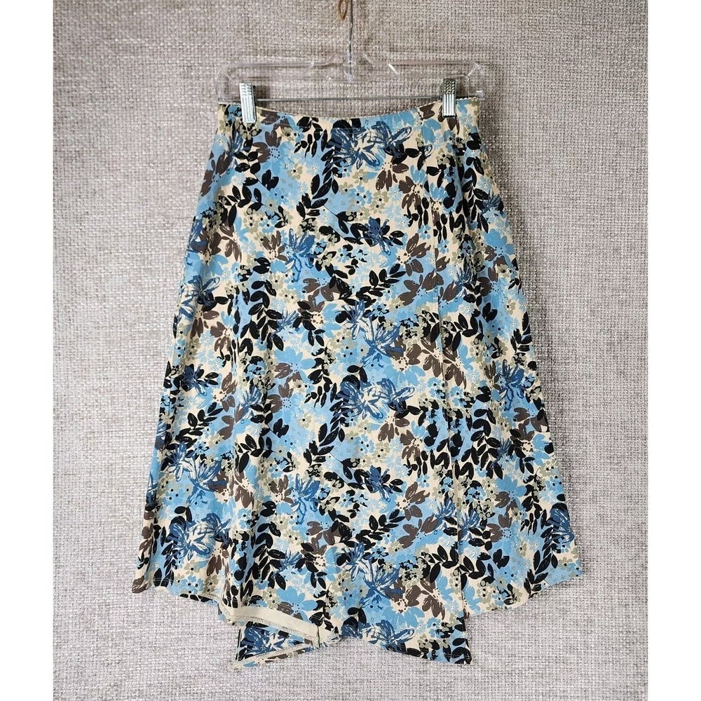 J. Jill Faux Wrap Floral Skirt Womens‎ SP Petite Cream Blue Brown Stretch Nice!